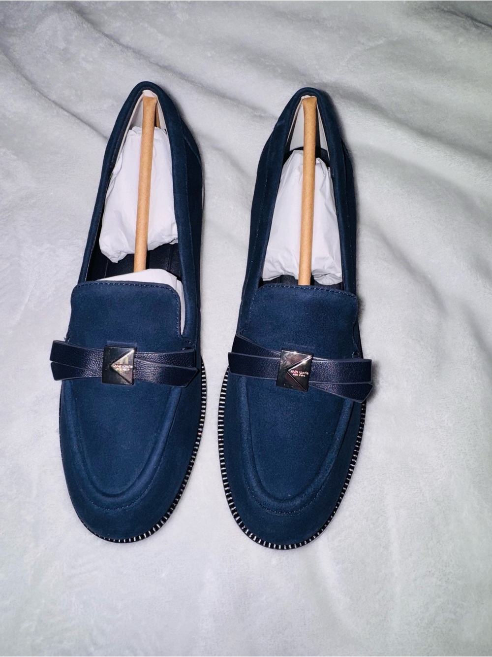 kate spade Navy Suede Moccasin Loafers with Leather Strap